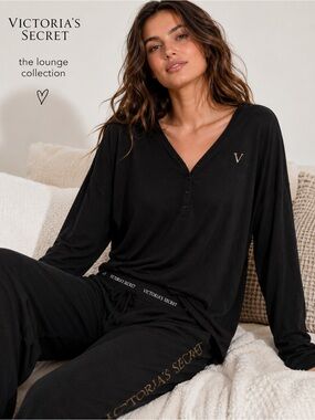 Victoria’s Secret Black Long Sleeve Henley Top XL Soft Lounge Knit